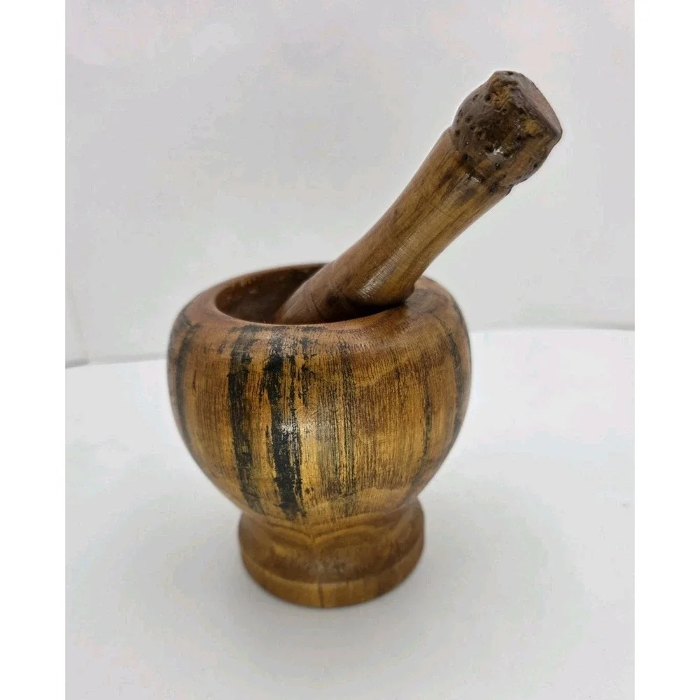 VTG Hand Carved Wooden Mortar Pestle Rustic Primitive Farmhouse‎ Kitchen Decor